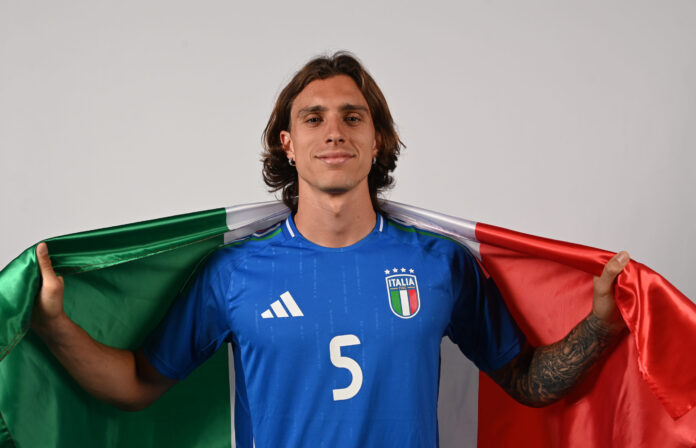 Arsenal transfer target Riccardo Calafiori poses for a portrait during the Italy portrait session ahead of the UEFA EURO 2024 Germany at Centro Tecnico Federale di Coverciano on June 08, 2024 in Florence, Italy.
