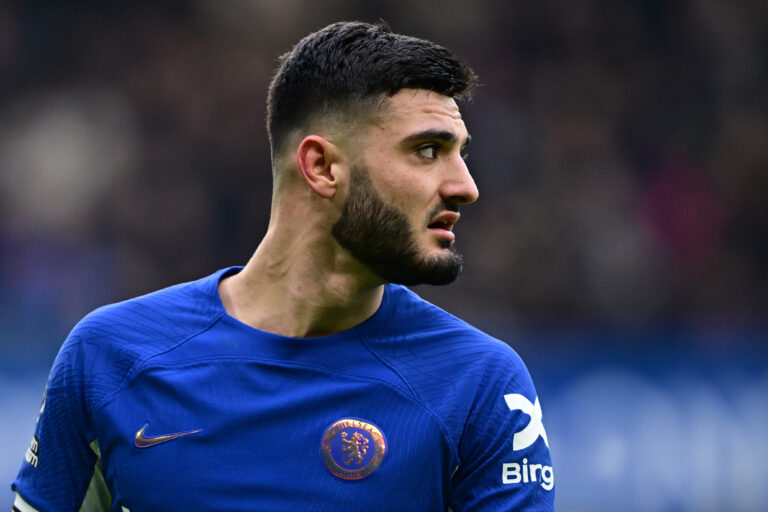 Armando Broja of Chelsea looks on during the Premier League match between Chelsea FC and Fulham FC at Stamford Bridge on January 13, 2024 in London, England.