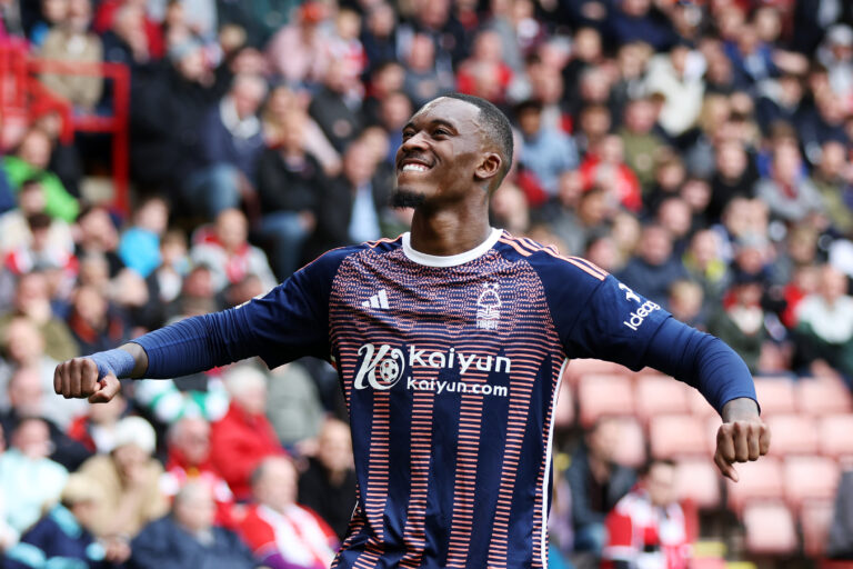 Callum Hudson-Odoi of Nottingham Forest celebrates scoring his team's third goal during the Premier League match between Sheffield United and Nottingham Forest at Bramall Lane on May 04, 2024 in Sheffield, England.