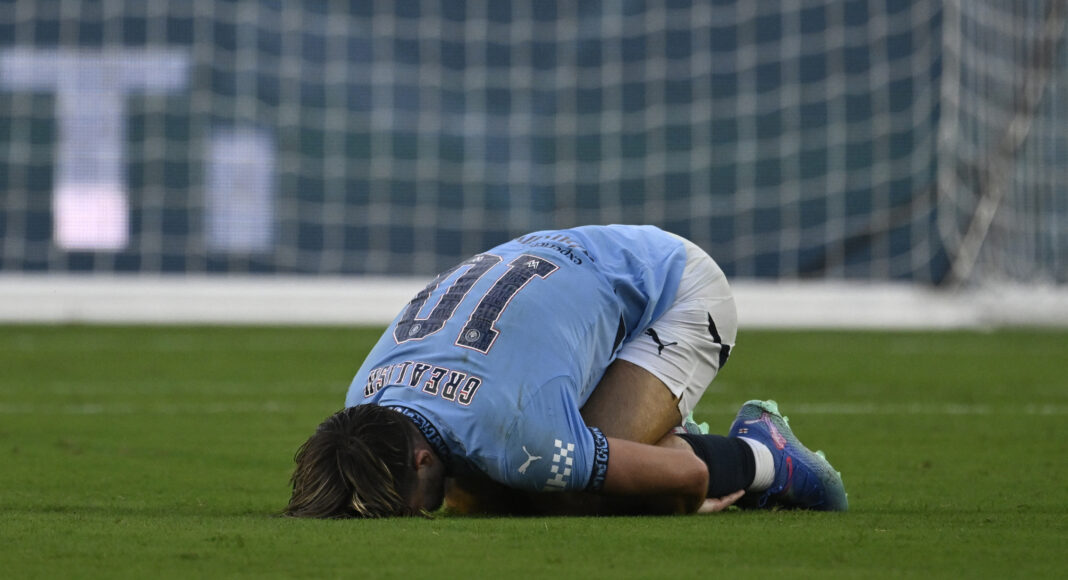 Manchester City's English midfielder #10 Jack Grealish reacts during the 2024 FC Series pre-season friendly football match between Man City and Celtic at the Kenan Memorial Stadium in Chapel Hill, North Carolina, July 23, 2024.