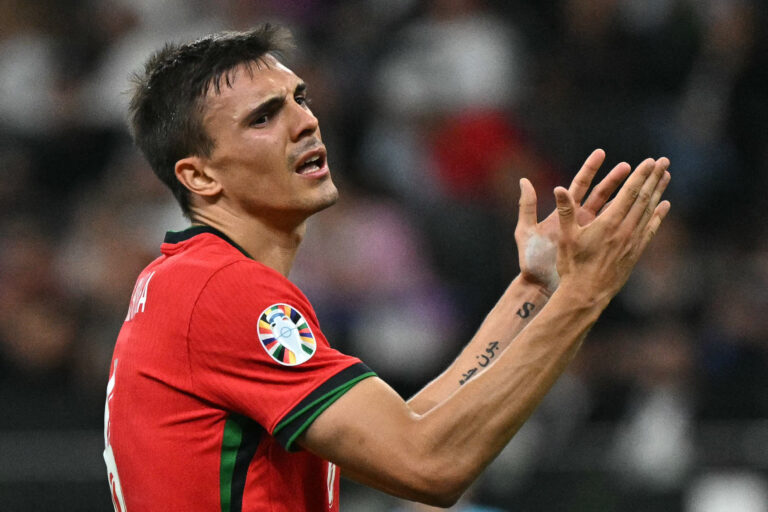 Portugal's midfielder #06 Joao Palhinha reacts to a missed chance during the UEFA Euro 2024 round of 16 football match between Portugal and Slovenia at the Frankfurt Arena in Frankfurt am Main on July 1, 2024.