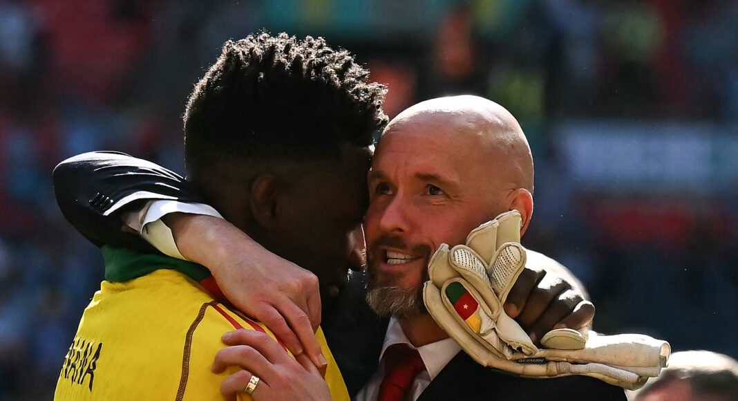 Manchester United's Cameroonian goalkeeper #24 Andre Onana (L) celebrates with Man United's Dutch manager Erik ten Hag after winning the English FA Cup final football match between Manchester City and Man Utd at Wembley stadium, in London, on May 25, 2024. Manchester United wins 2 - 1 against Manchester City.
