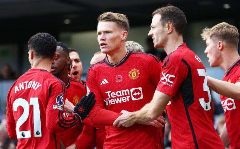 Scott McTominay of Man Utd reacts with teammates after his goal is ruled offside during the Premier League match between Fulham FC and Manchester United at Craven Cottage on November 04, 2023 in London, England.