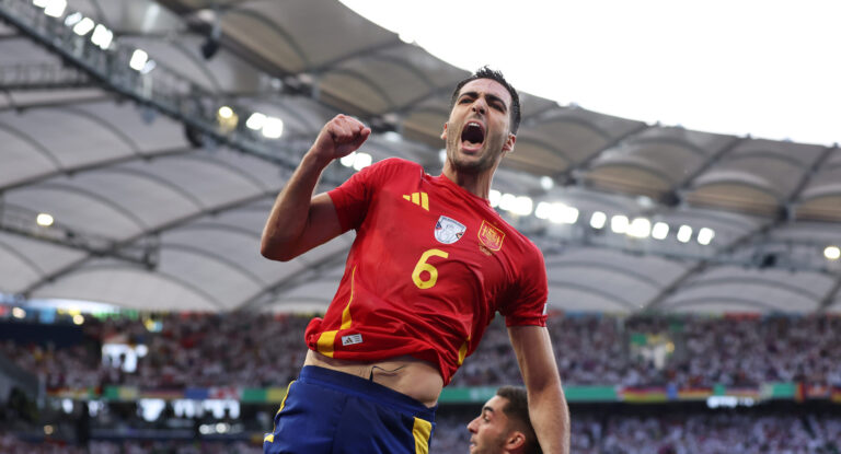 Arsenal transfer target Mikel Merino celebrates scoring his team's second goal during the UEFA EURO 2024 quarter-final match between Spain and Germany at Stuttgart Arena on July 05, 2024 in Stuttgart, Germany.