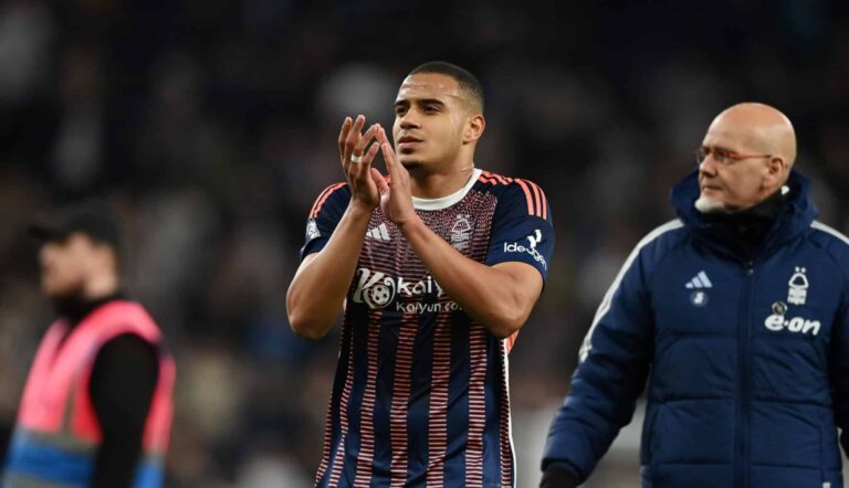 Murillo of Nottingham Forest shows appreciation to the fans following the Premier League match between Spurs and Nottingham Forest at Tottenham Hotspur Stadium on April 07, 2024 in London, England.