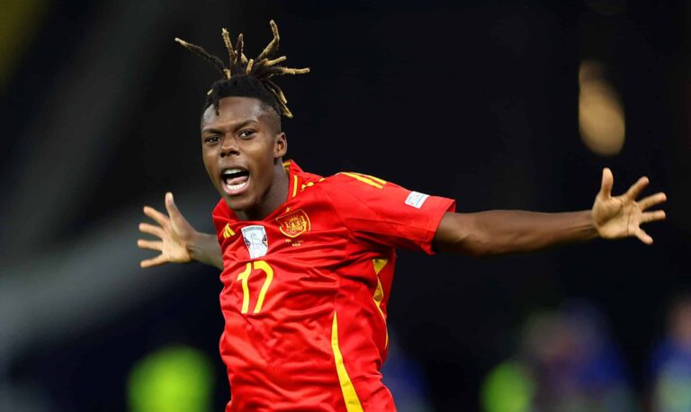 Nico Williams of Spain celebrates scoring his team's first goal during the UEFA EURO 2024 final match between Spain and England at Olympiastadion on July 14, 2024 in Berlin, Germany.