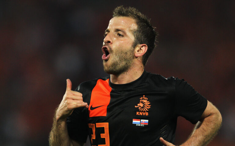 Rafael van der Vaart (#23) of Netherlands celebrates after he scores the second goal of the game during the International Friendly between the Netherlands and Slovakia at De Kuip Stadion on May 30, 2012 in Rotterdam, Netherlands.