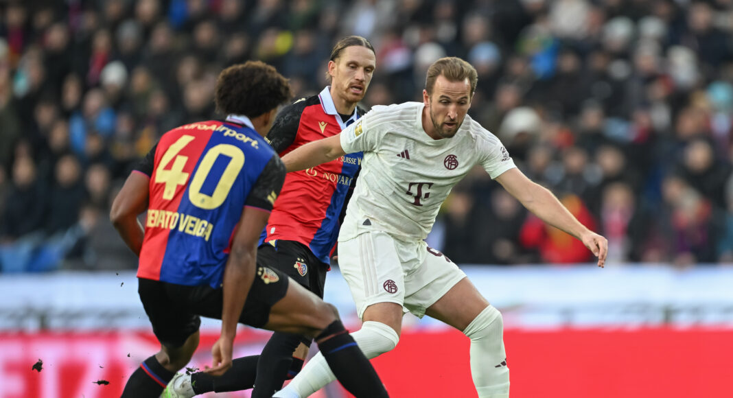 New Chelsea signing Renato Veiga tackles Harry Kane of FC Bayern München during a friendly match between FC Basel and FC Bayern München at St. Jakob-Park on January 06, 2024 in Basel, Switzerland.
