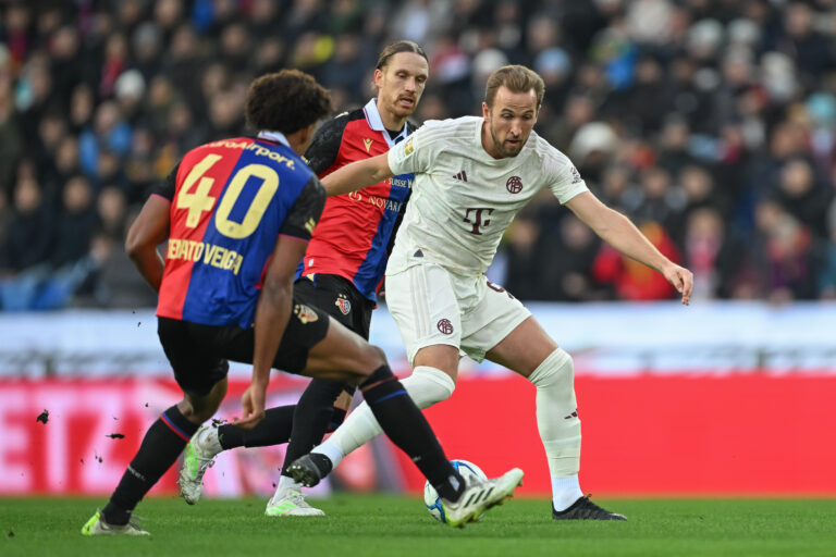 New Chelsea signing Renato Veiga tackles Harry Kane of FC Bayern München during a friendly match between FC Basel and FC Bayern München at St. Jakob-Park on January 06, 2024 in Basel, Switzerland.