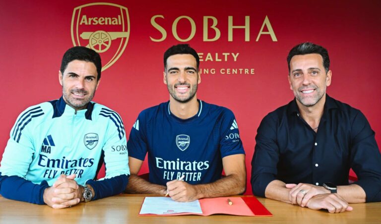 Arsenal manager Mikel Arteta with new signing Mikel Merino and sporting director Edu after the completion of Merino's transfer.