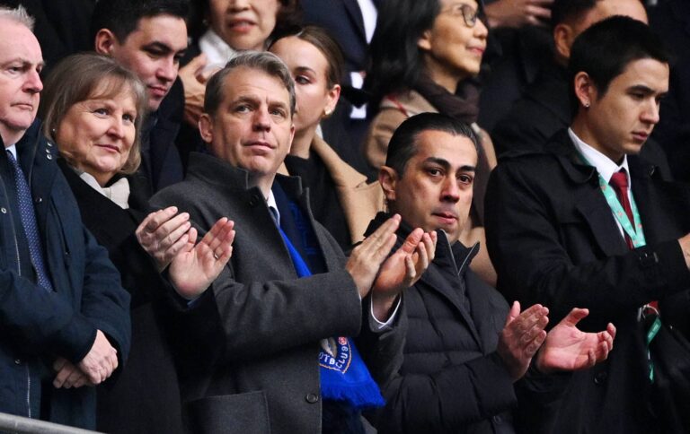 Todd Boehly and Behdad Eghbali Co-Owners of Chelsea, applaud in the stand prior to the Carabao Cup Final match between Chelsea and Liverpool at Wembley Stadium on February 25, 2024 in London, England.