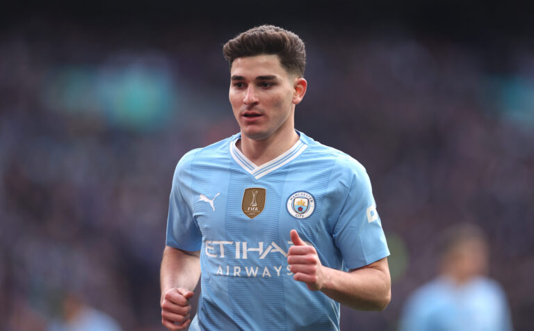 Julian Alvarez of Manchester City during the Emirates FA Cup Semi Final match between Manchester City and Chelsea at Wembley Stadium on April 20, 2024 in London, England.