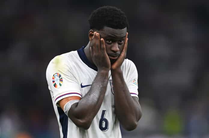 Crystal Palace and England player Marc Guehi reacts dejectedly after England had lost 2-1 to Spain during the UEFA EURO 2024 final match between Spain and England at Olympiastadion on July 14, 2024 in Berlin, Germany.