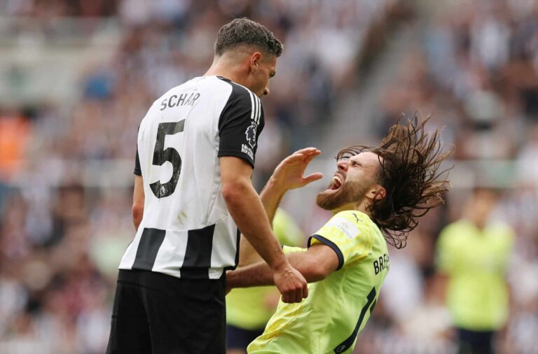 Fabian Schar of Newcastle clashes with United Ben Brereton Diaz of Southampton leading to him being shown a red card during the Premier League match between Newcastle United FC and Southampton FC at St James' Park on August 17, 2024 in Newcastle upon Tyne, England.
