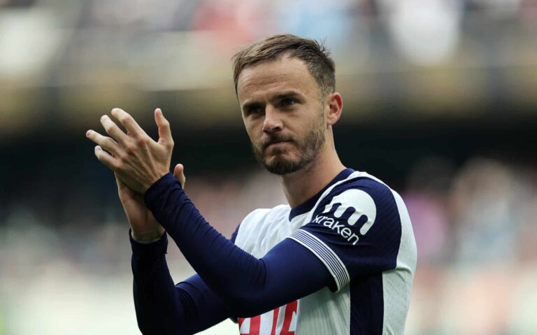 James Maddison of Spurs applauds the fans after the team's victory in the Premier League match between Tottenham Hotspur FC and Everton FC at Tottenham Hotspur Stadium on August 24, 2024 in London, England.