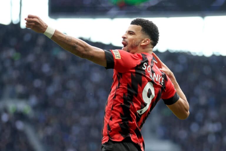Dominic Solanke celebrates after scoring the team's second goal during the Premier League match between Spurs and AFC Bournemouth at Tottenham Hotspur Stadium on April 15, 2023 in London, England.