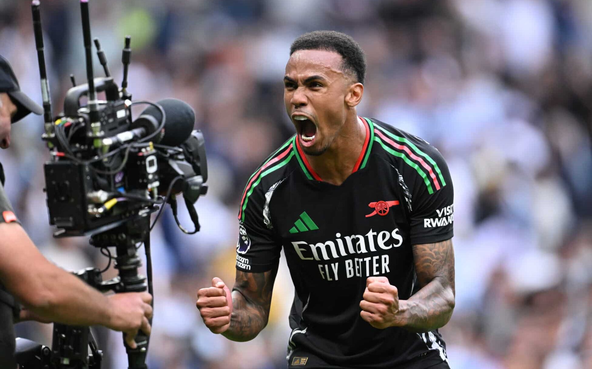 Gabriel of Arsenal celebrates victory after the Premier League match between Tottenham Hotspur FC and Arsenal FC at Tottenham Hotspur Stadium on September 15, 2024 in London, England.