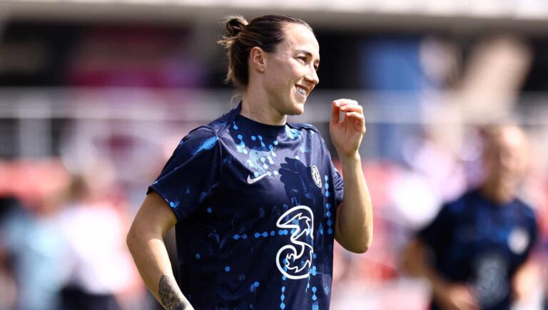 Lucy Bronze #22 of WSL club Chelsea looks on against Arsenal at Audi Field on August 25, 2024 in Washington, DC.
