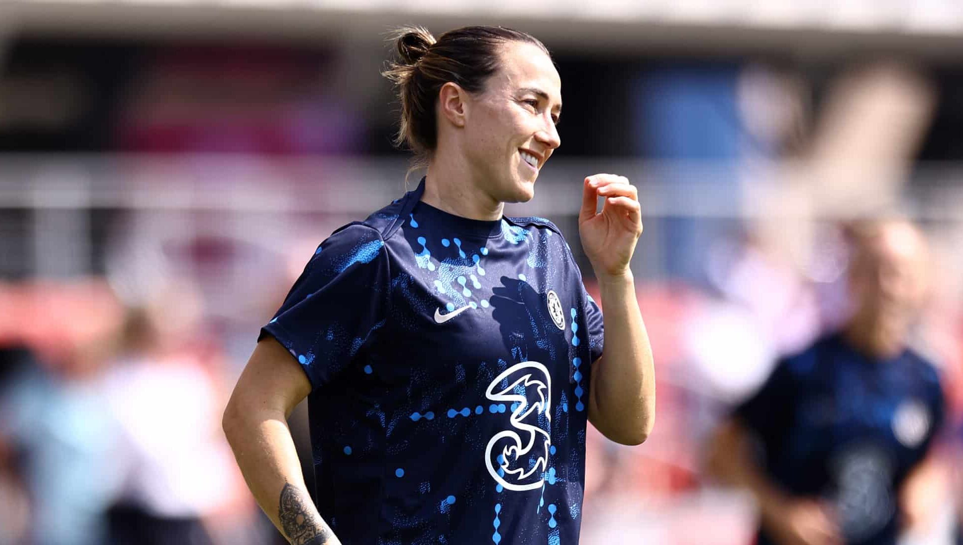 Lucy Bronze #22 of WSL club Chelsea looks on against Arsenal at Audi Field on August 25, 2024 in Washington, DC.