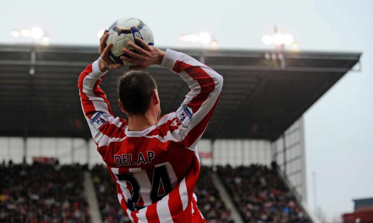 Rory Delap of Barclaysmen fame takes a throw in during the Barclays Premier League match between Stoke City and Tottenham Hotspur at the Britannia Stadium on March 20, 2010 in Stoke on Trent, England.