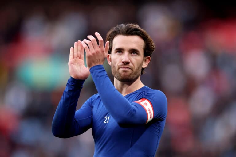 Ben Chilwell of Chelsea applauds the fans after the team's defeat during the Emirates FA Cup Semi Final match between Premier League clubs Manchester City and Chelsea at Wembley Stadium on April 20, 2024 in London, England.