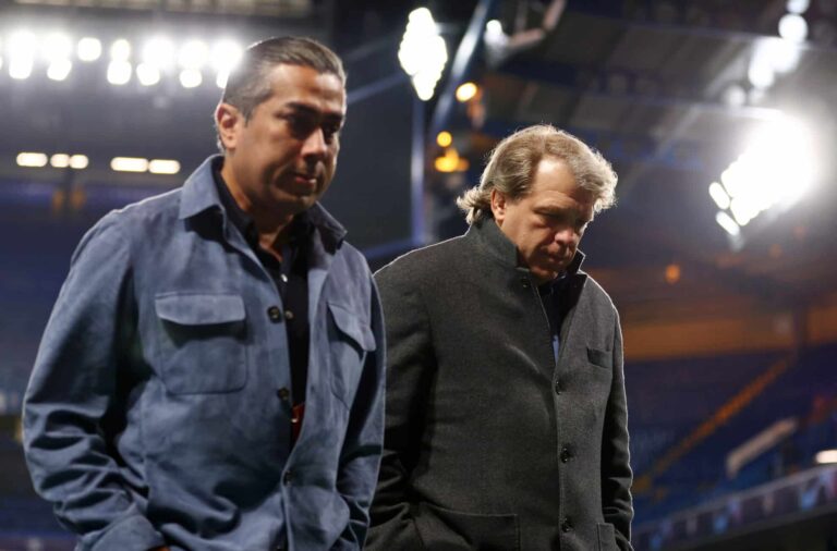 Todd Boehly, Chairman of Chelsea makes their way across the pitch after the UEFA Champions League quarter final second leg match between Chelsea FC and Real Madrid at Stamford Bridge on April 18, 2023 in London, England.