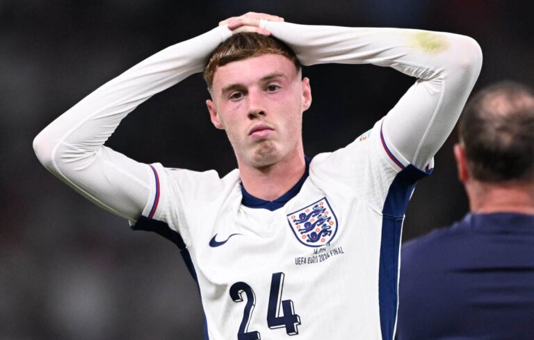 Chelsea midfielder #24 Cole Palmer reacts after the UEFA Euro 2024 final football match between Spain and England at the Olympiastadion in Berlin on July 14, 2024.