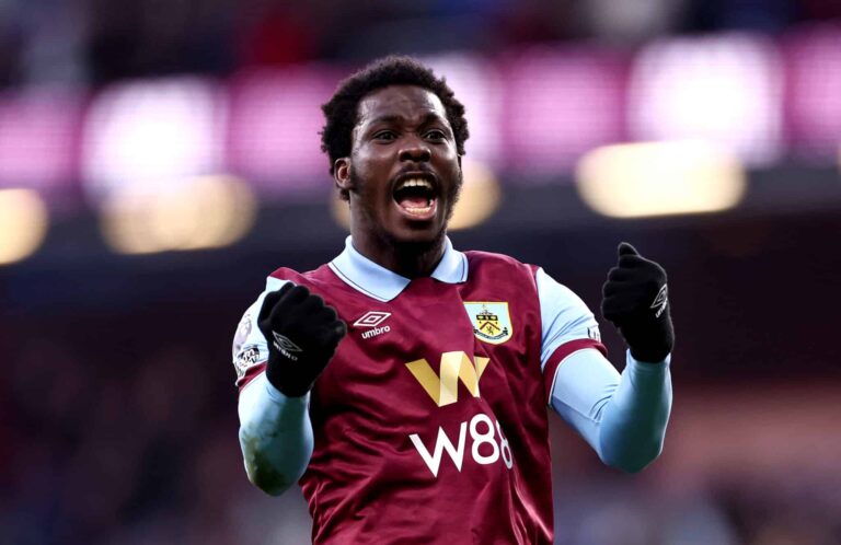 Chelsea forward David Datro Fofana celebrates scoring his team's first goal during the Premier League match between Burnley FC and Fulham FC at Turf Moor on February 03, 2024 in Burnley, England.