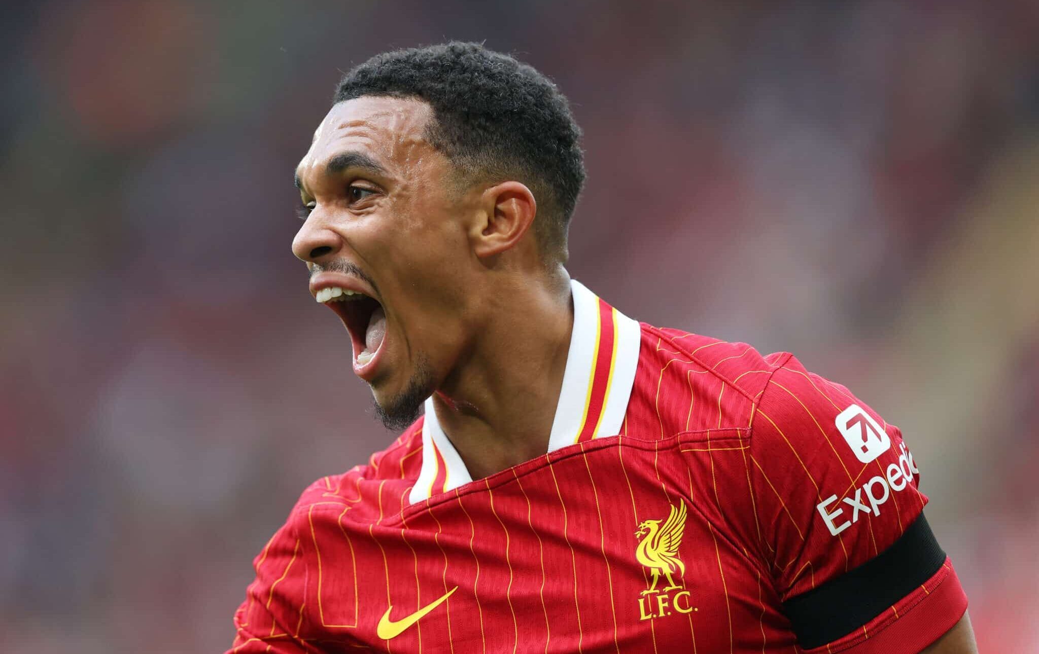 Liverpool player Trent Alexander-Arnold reacts during the Premier League match between Liverpool FC and Nottingham Forest FC at Anfield on September 14, 2024 in Liverpool, England.