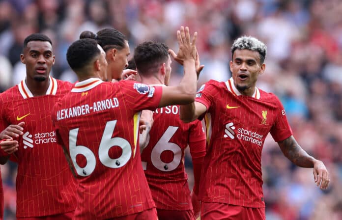 Luis Diaz of Liverpool celebrates with Trent Alexander-Arnold after scoring his team's second goal during the Premier League match between Liverpool FC and AFC Bournemouth at Anfield on September 21, 2024 in Liverpool, England.