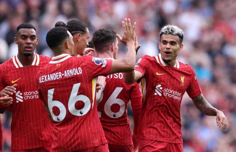 Luis Diaz of Liverpool celebrates with Trent Alexander-Arnold after scoring his team's second goal during the Premier League match between Liverpool FC and AFC Bournemouth at Anfield on September 21, 2024 in Liverpool, England.