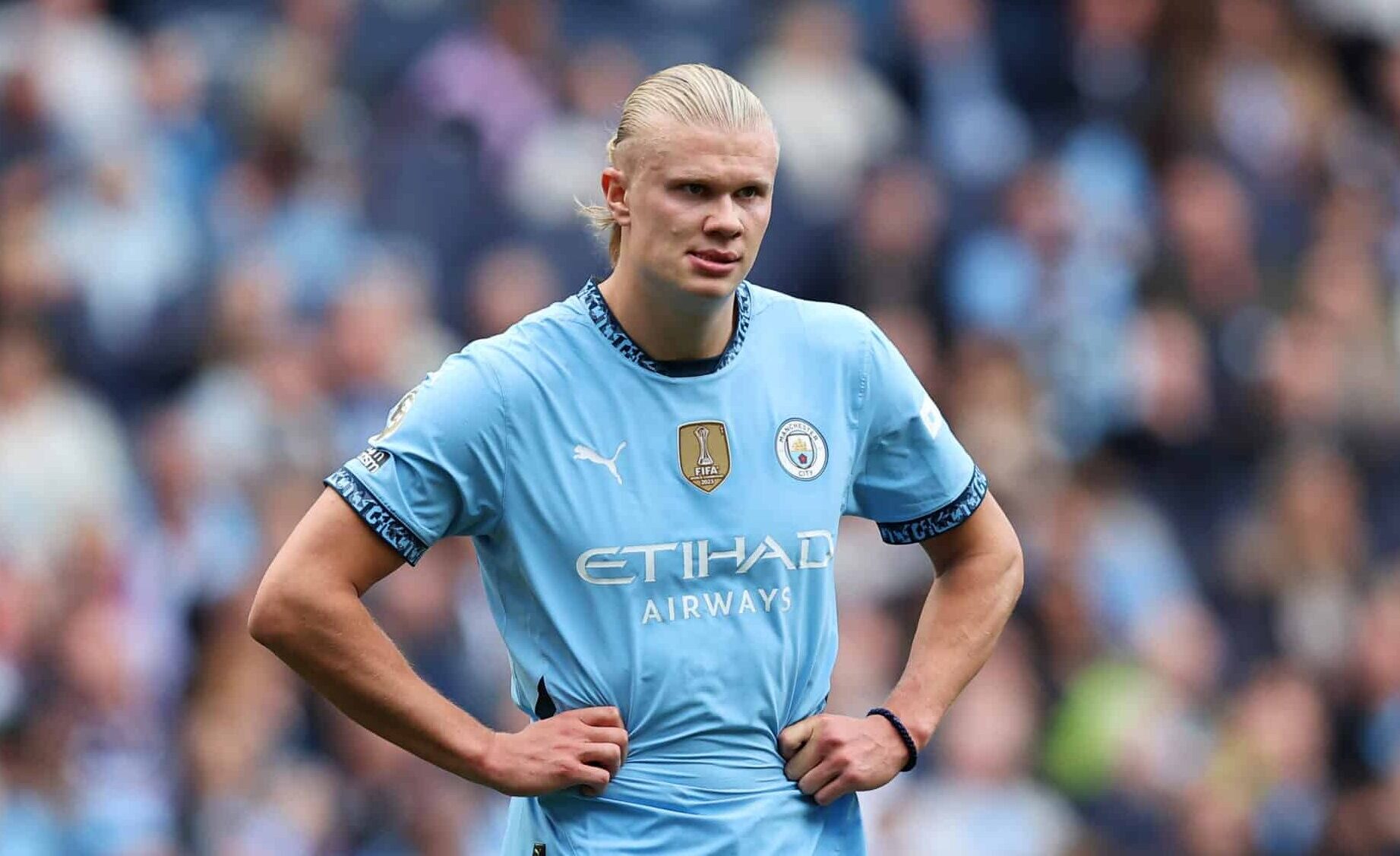 Erling Haaland of Man City looks on during the Premier League match between Manchester City FC and Ipswich Town FC at Etihad Stadium on August 24, 2024 in Manchester, England.