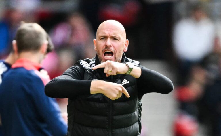 Man United manager Erik ten Hag reacts during the English Premier League football match between Southampton and Manchester United at St Mary's Stadium in Southampton, southern England on September 14, 2024.