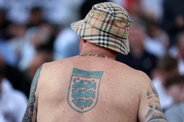 A fan of England displays their tattoo of the teams logo during the UEFA Nations League 2024/25 League B Group B2 match between Republic of Ireland and England at Aviva Stadium on September 07, 2024 in Dublin, Ireland.
