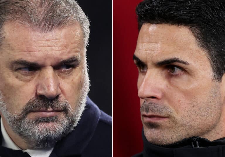 In this composite image a comparison has been made between Ange Postecoglou, Manager of Tottenham Hotspur (L) and Mikel Arteta, Manager of Arsenal. Spurs and Arsenal FC meet in a Premier League match at Tottenham Hotspur Stadium on September 15, 2024 in London, England.