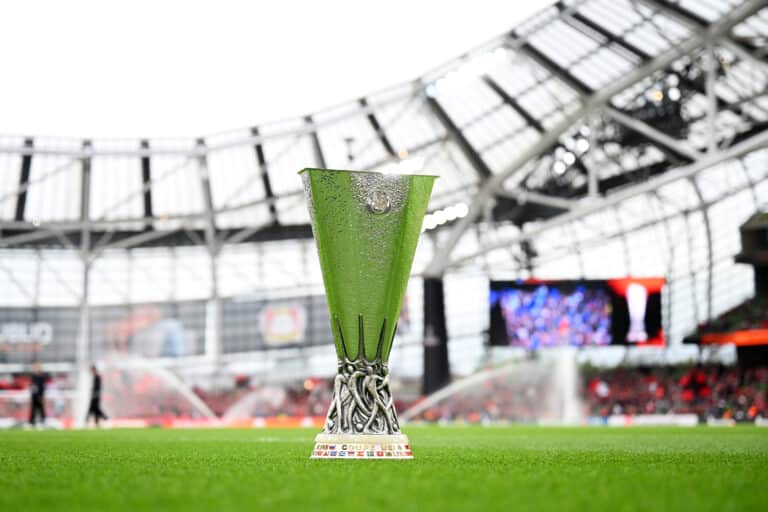 A detailed view of the UEFA Europa League Trophy is seen on the pitch prior to the UEFA Europa League 2023/24 final match between Atalanta BC and Bayer 04 Leverkusen at Dublin Arena on May 22, 2024 in Dublin, Ireland.