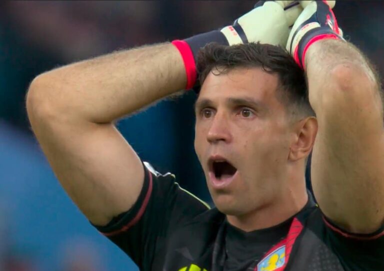 Emi Martinez reacts to Jhon Duran's goal for Aston Villa against Everton in the Premier League.