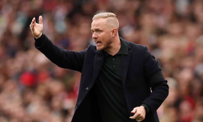 Jonas Eidevall, Manager of Arsenal Women, reacts during the Barclays Women's Super League match between Arsenal and Chelsea at Emirates Stadium on October 12, 2024 in London, England.