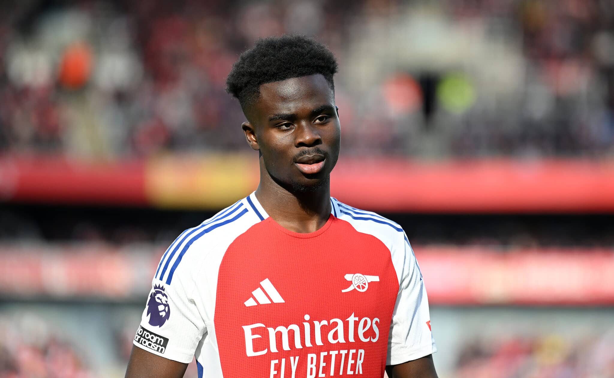 Bukayo Saka of Arsenal in action during the Premier League match between Arsenal FC and Southampton FC at Emirates Stadium on October 05, 2024 in London, England.