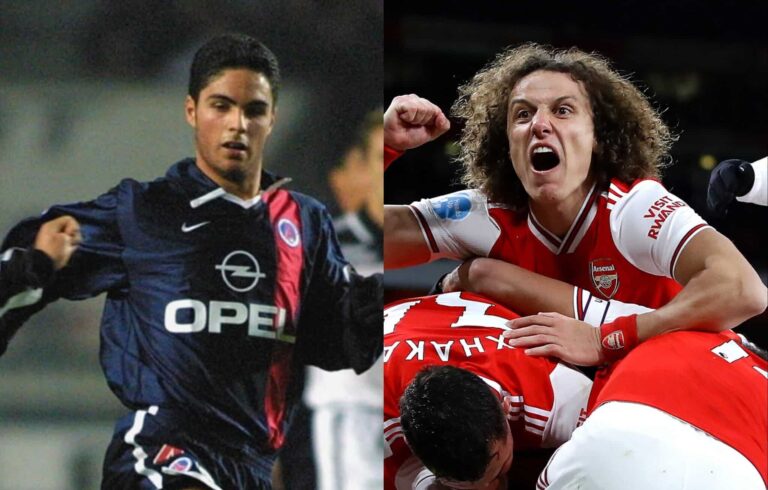 Mikel Arteta playing for PSG and David Luiz celebrating with Arsenal teammates.