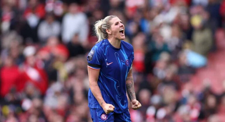 Millie Bright of Chelsea celebrates victory in the Barclays Women's Super League match between Arsenal and Chelsea at Emirates Stadium on October 12, 2024 in London, England.