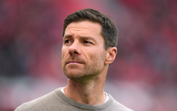 Xabi Alonso, Head Coach of Bayer 04 Leverkusen, looks on prior to the Bundesliga match between Bayer 04 Leverkusen and Eintracht Frankfurt at BayArena on October 19, 2024 in Leverkusen, Germany.