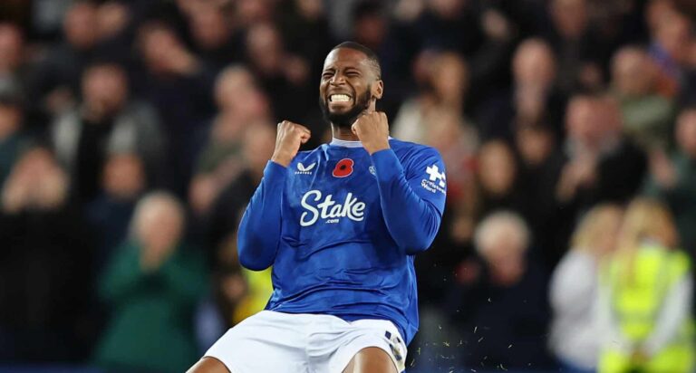 Beto of Everton celebrates scoring his team's first goal during the Premier League match between Everton FC and Fulham FC at Goodison Park on October 26, 2024 in Liverpool, England.
