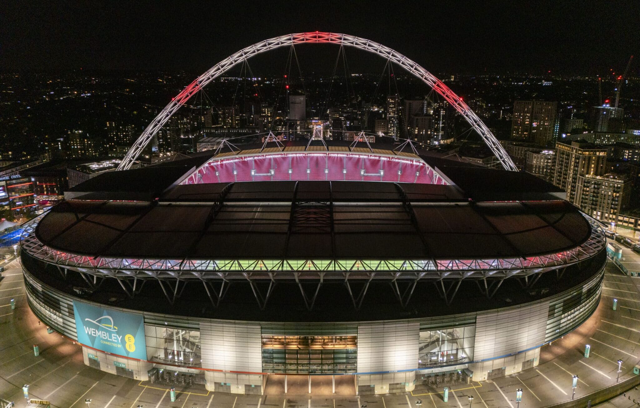 An aerial view, Wembley Stadium stands following the UEFA Nations League 2024/25 League B Group B2 match between England and Greece at Wembley Stadium on October 10, 2024 in London, England.