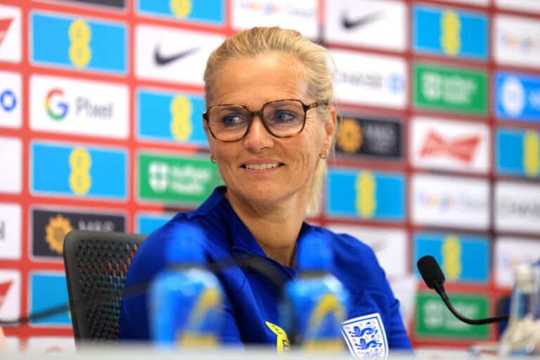 Sarina Wiegman, Manager of England, speaks to the media during a press conference at Carrow Road on July 11, 2024 in Norwich, England.