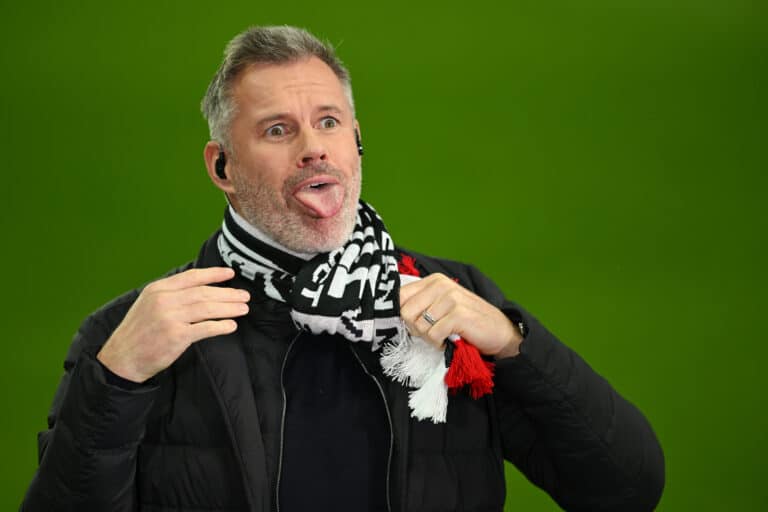 Jamie Carragher looks on before the UEFA Champions League match between Newcastle United FC and Paris Saint-Germain at St. James Park on October 04, 2023 in Newcastle upon Tyne, England.