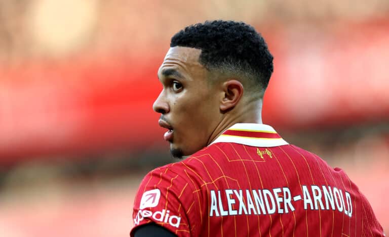 Trent Alexander-Arnold of Liverpool during the Premier League match between Liverpool FC and Chelsea FC at Anfield on October 20, 2024 in Liverpool, England.