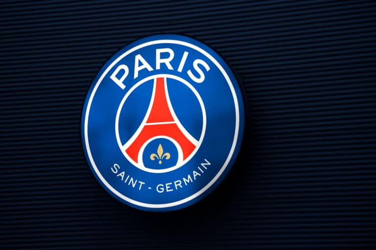 A detailed view of the club badge of Ligue 1 team Paris Saint-Germain.