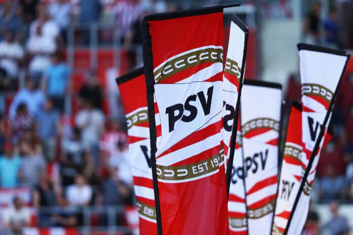 Flags or banners with the PSV logo prior to the Eredivisie match between PSV and ADO Den Haag at Philips Stadion on April 21, 2019 in Eindhoven, Netherlands.