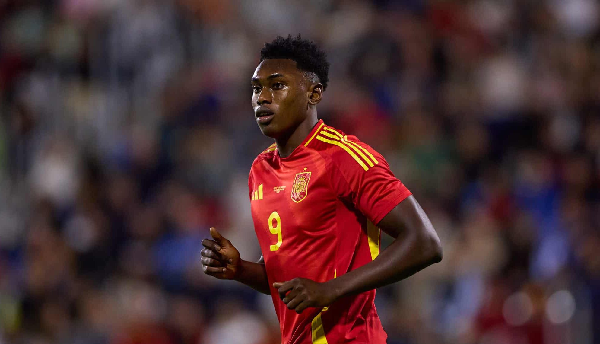 Samu Omorodion of Spain looks on during the UEFA European U21 Championship Qualifying match between Spain and Kazakhstan at Estadio Municipal de La Linea on October 10, 2024 in La Linea de la Concepcion, Spain.